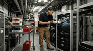 Technician reviewing CCTV storage racks in server room
