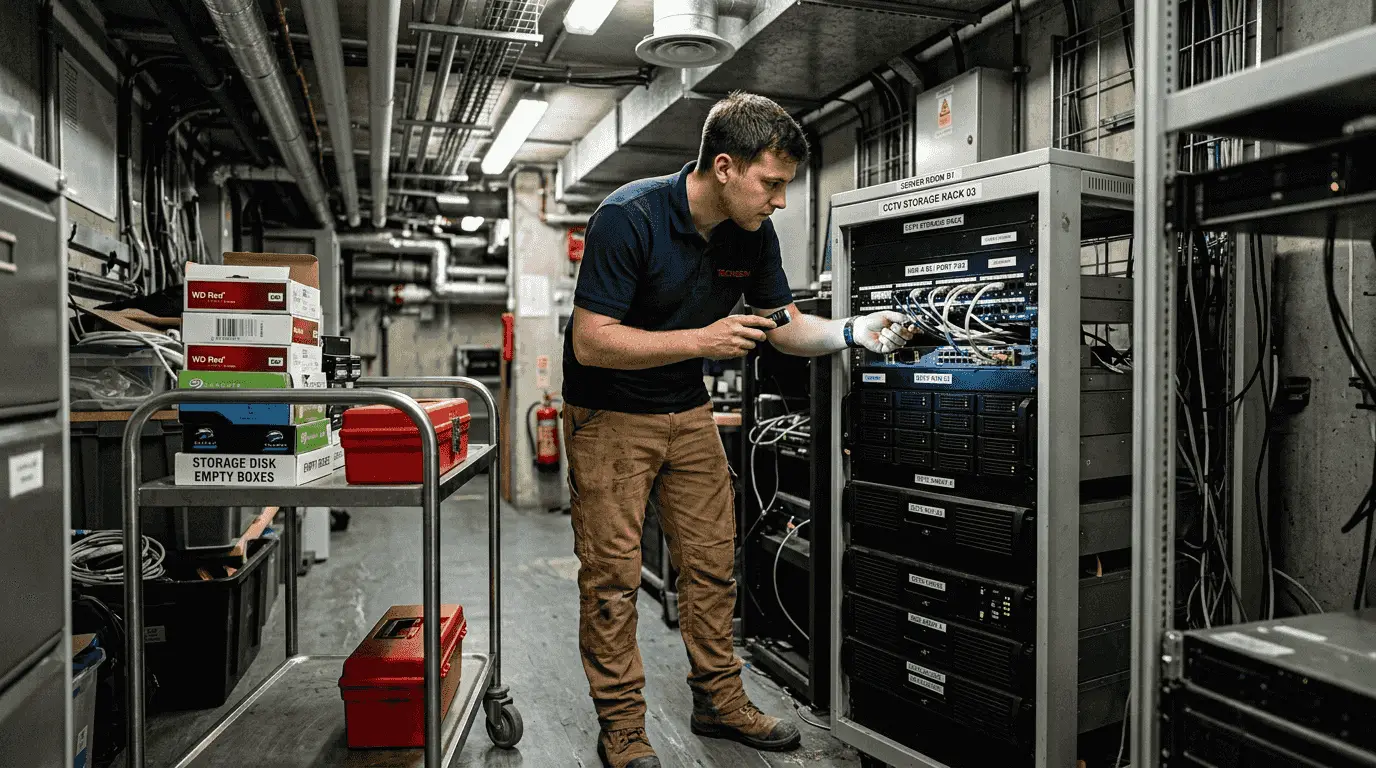 Technician reviewing CCTV storage racks in server room