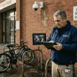 Security manager checks CCTV outside entrance