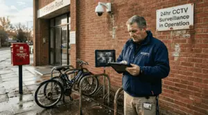 Security manager checks CCTV outside entrance