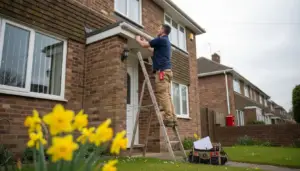 Technician installing alarm on suburban home exterior
