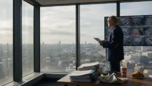 Security manager monitors CCTV feeds in corner office