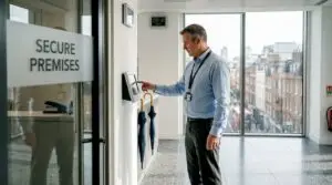 Property manager checking wall alarm panel