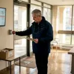 Property manager using access control badge at entrance