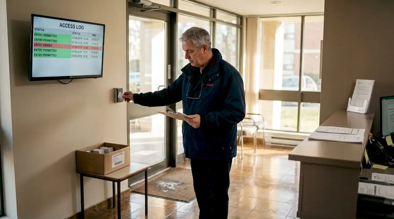 Property manager using access control badge at entrance