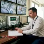 Security officer monitoring CCTV audio feeds