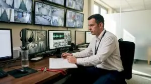 Security officer monitoring CCTV audio feeds
