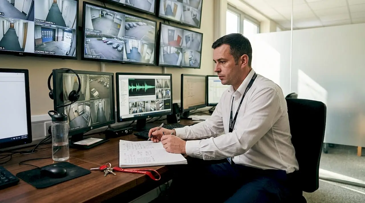 Security officer monitoring CCTV audio feeds
