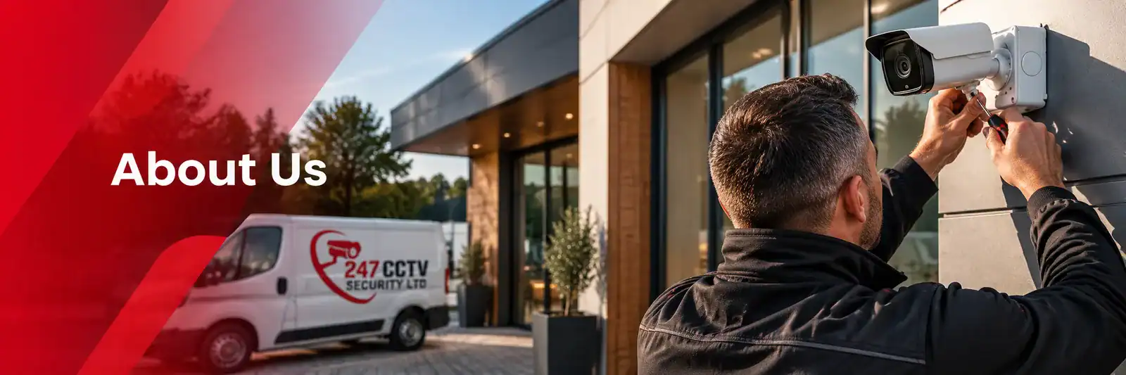 About Us: a 247 CCTV engineer installing a CCTV camera, with a 247 CCTV van parked outside a commercial building