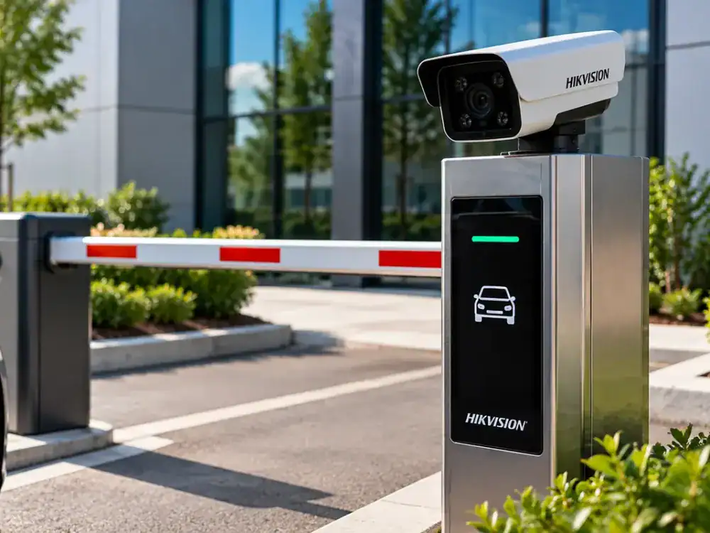 Vehicle barrier with a Hikvision ANPR camera and reader post at a commercial car park entrance