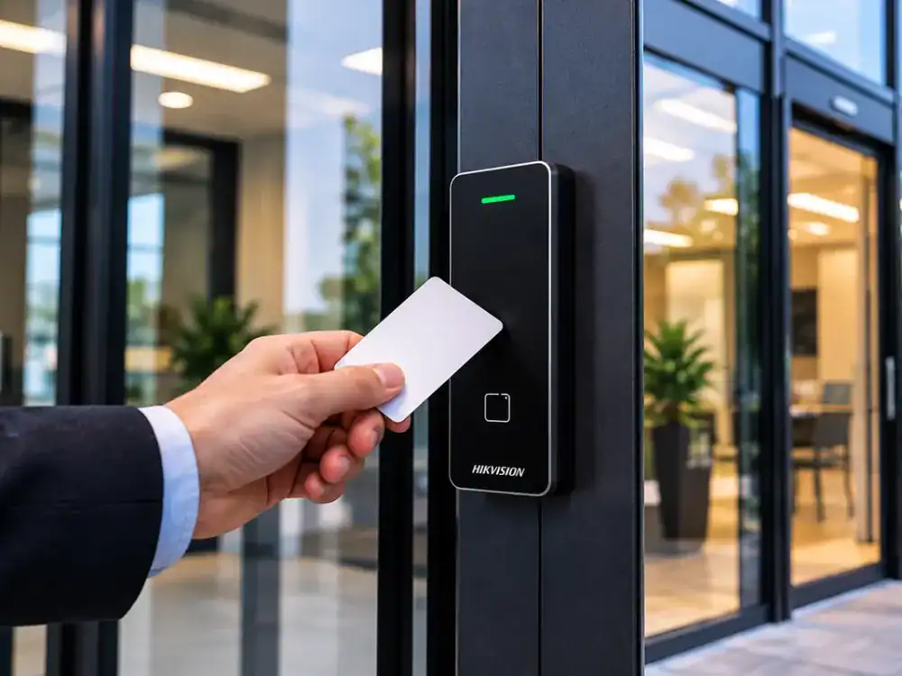 Hand presenting an access card to a Hikvision reader at a glass office entrance