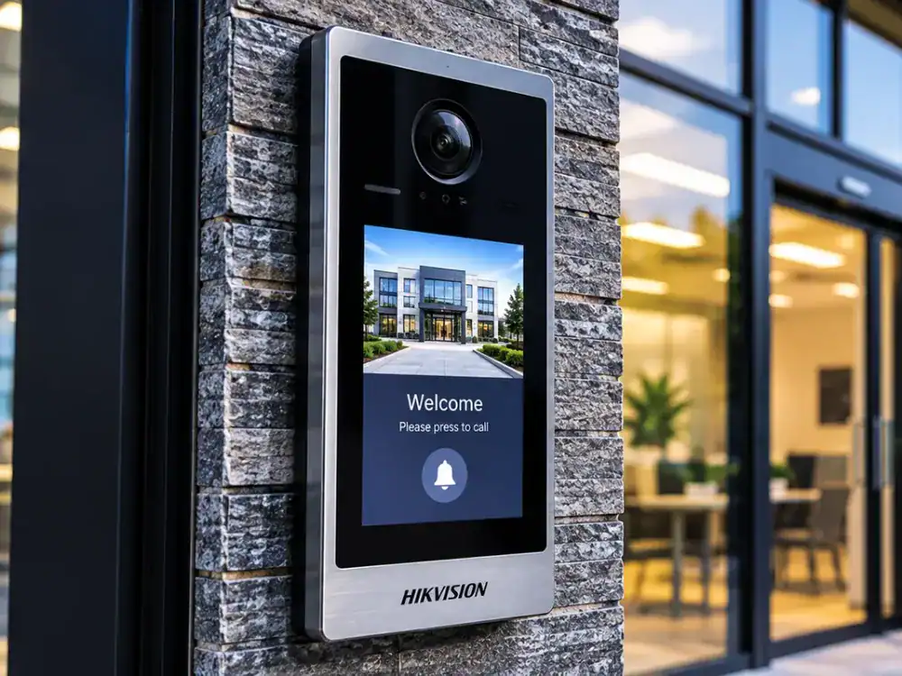 Hikvision video door station beside a commercial building entrance