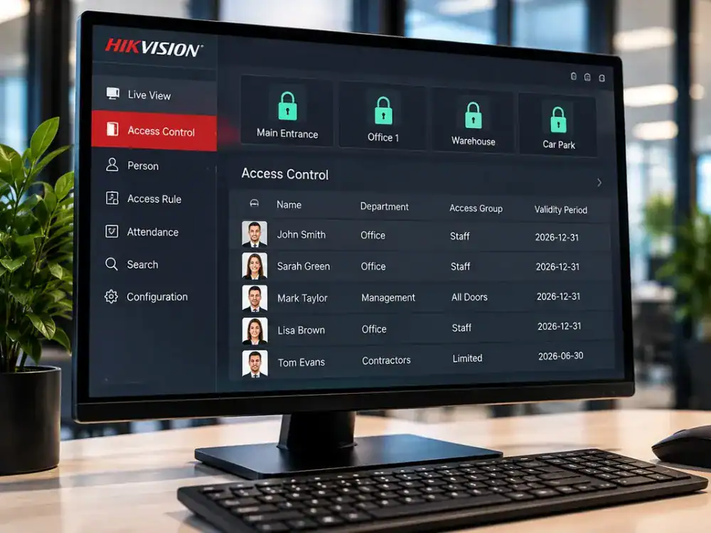 Hikvision access control software showing doors, users and access groups on a desktop monitor