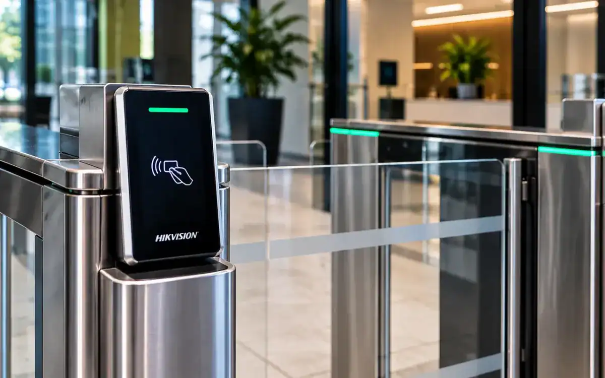 Hikvision card readers on glass speed-gate turnstiles in an office reception