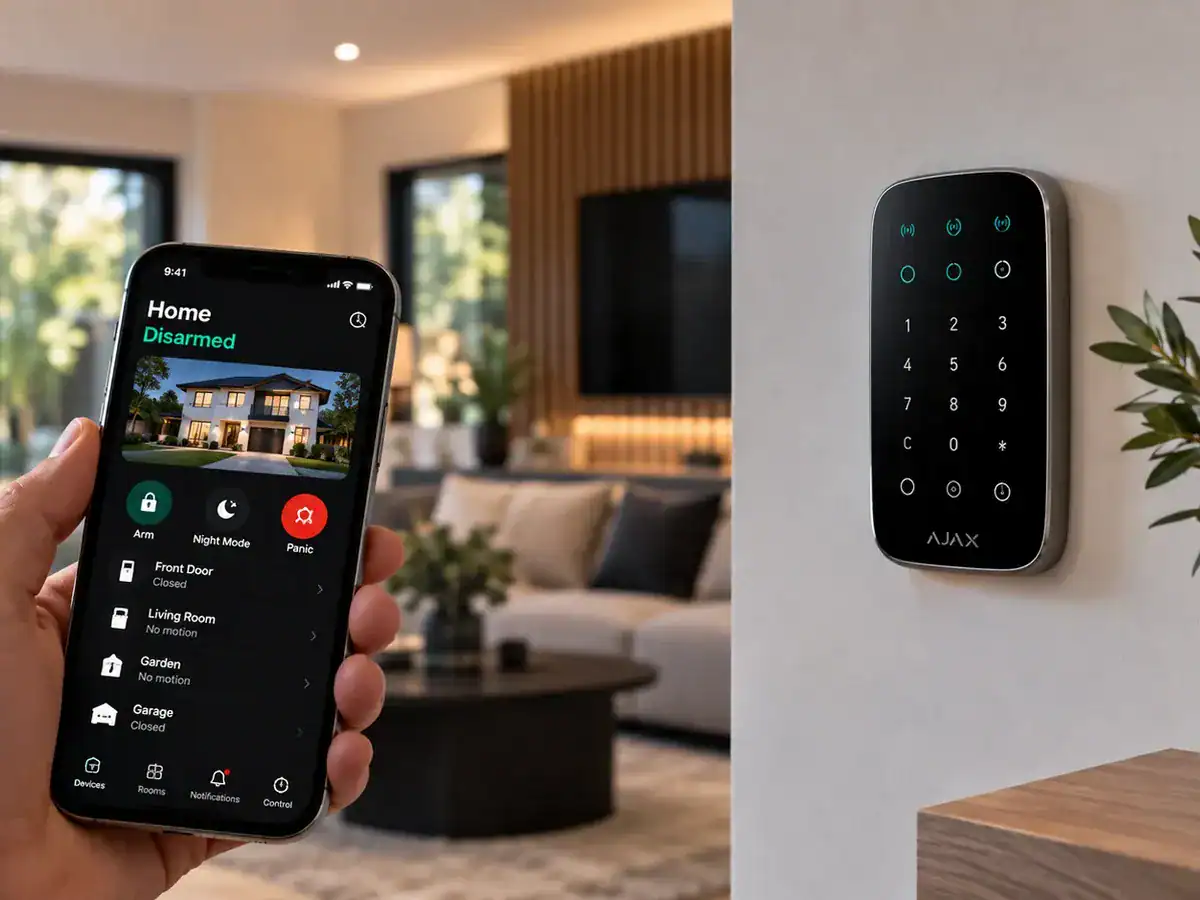 Smartphone showing an alarm app beside a wall-mounted alarm keypad