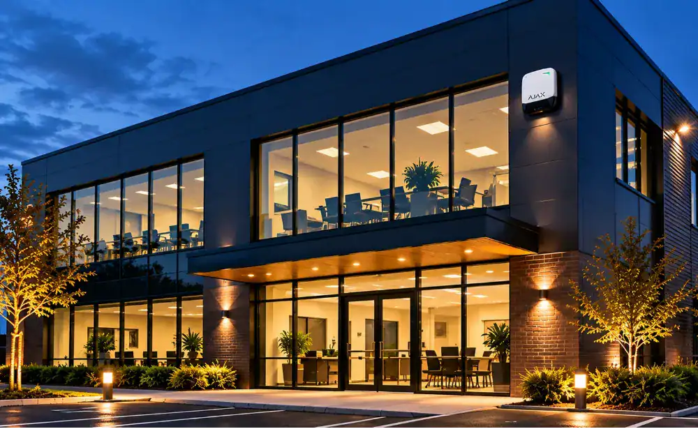 Commercial office building at dusk with an external alarm sounder mounted on the façade