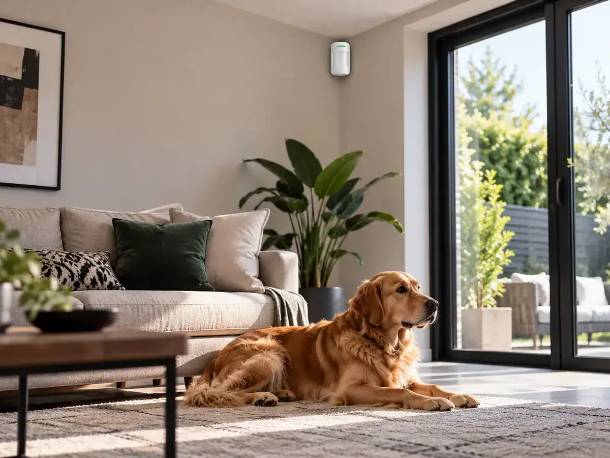 Wall-mounted motion detector in a living room with a dog lying on the rug