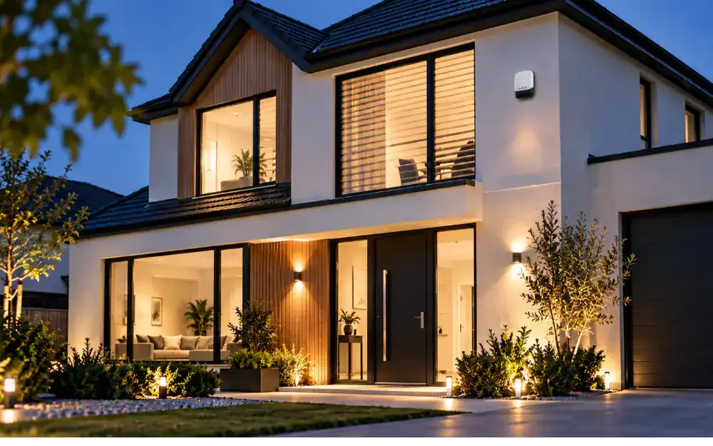 Modern detached house at dusk with an external alarm sounder on the front wall