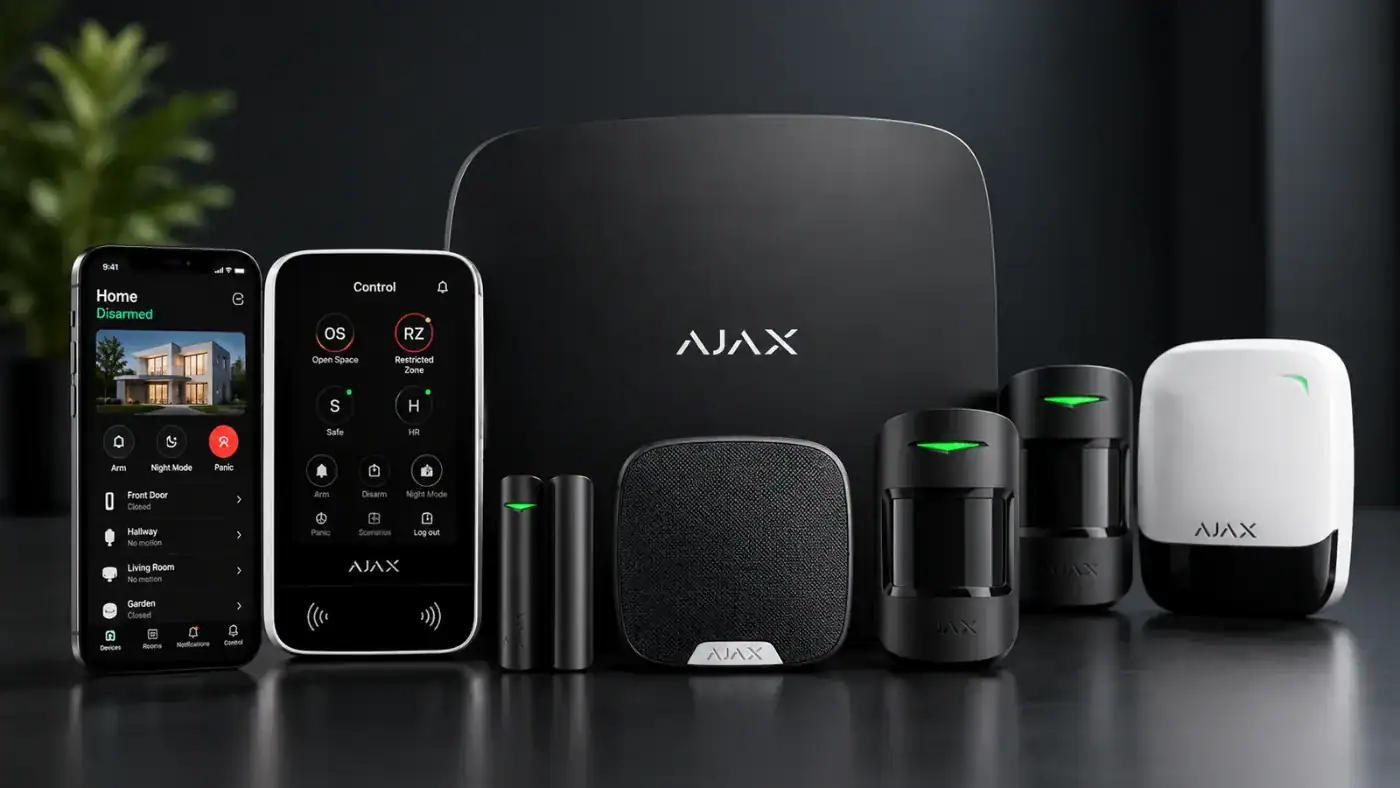 Ajax alarm equipment including a control hub, keypad, sounder, detectors and the mobile app