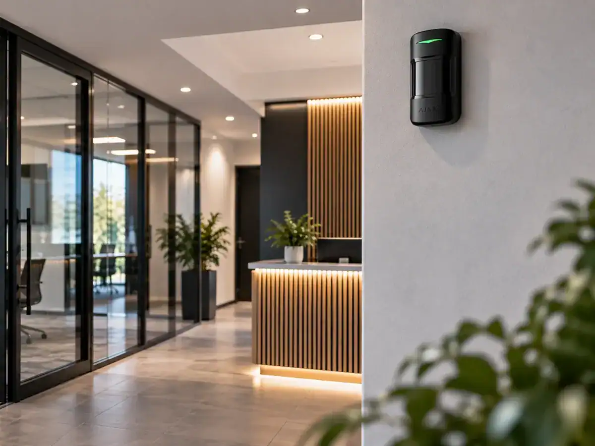 Wall-mounted motion detector in a modern office reception area