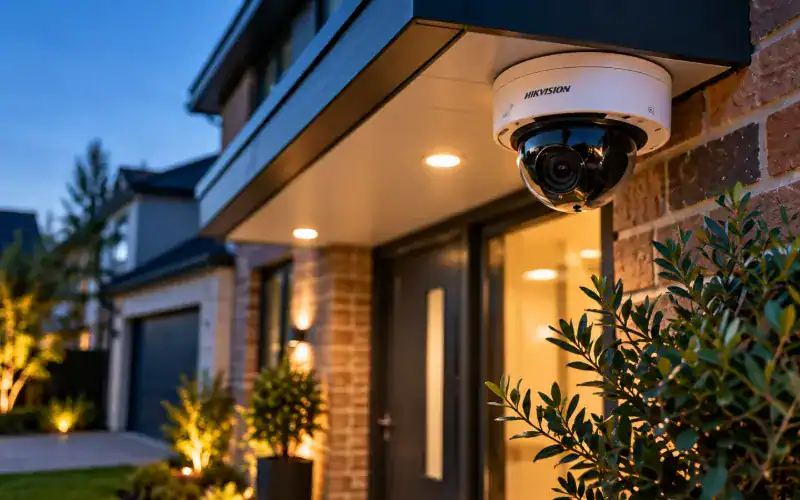 Home CCTV camera covering the front entrance of a house