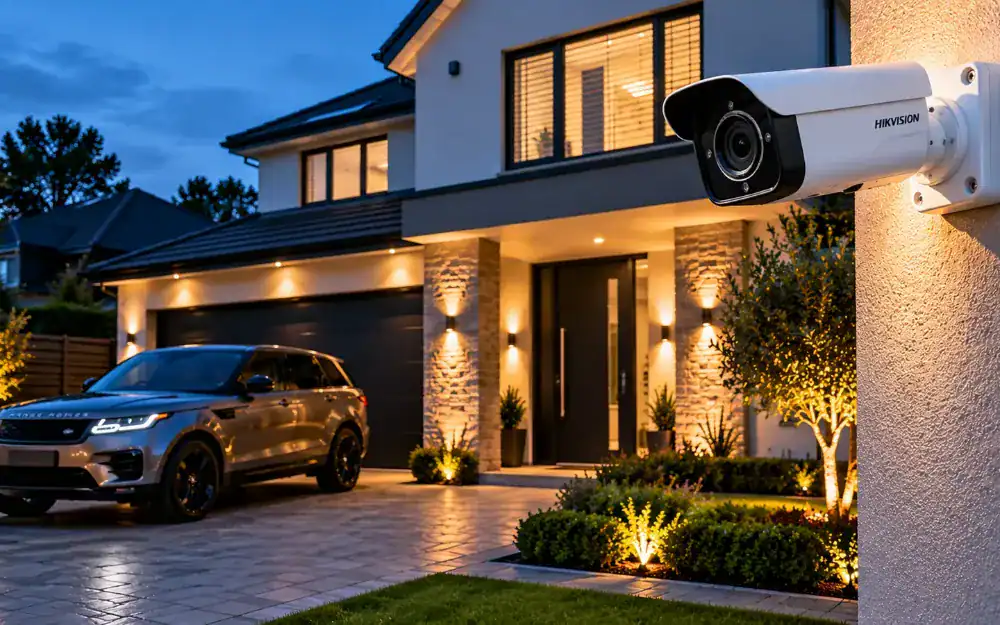 CCTV camera covering a house and driveway at night