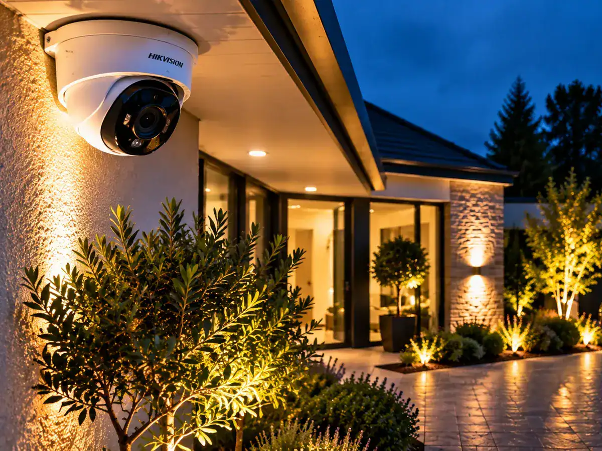 CCTV dome camera positioned to cover a house entrance and driveway at dusk