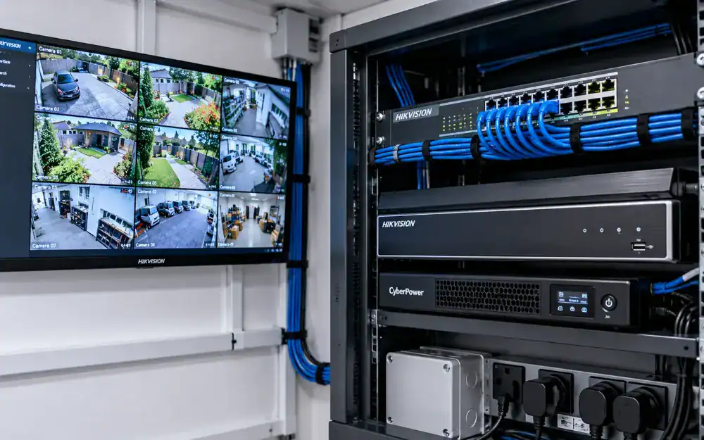 CCTV recorder and network equipment with a monitor showing multiple camera views