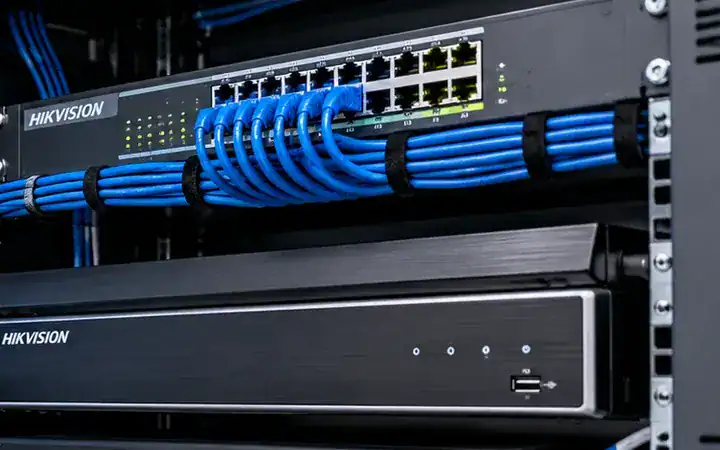 CCTV recorder and network switch in an equipment rack
