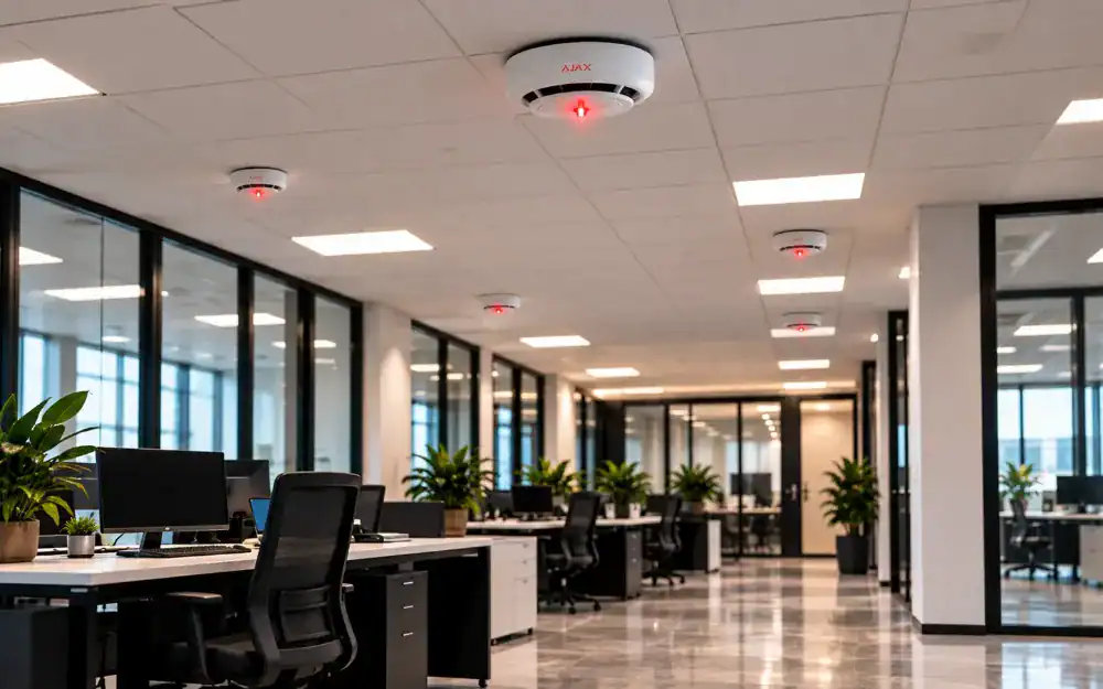 Ceiling-mounted smoke detectors in an open-plan office
