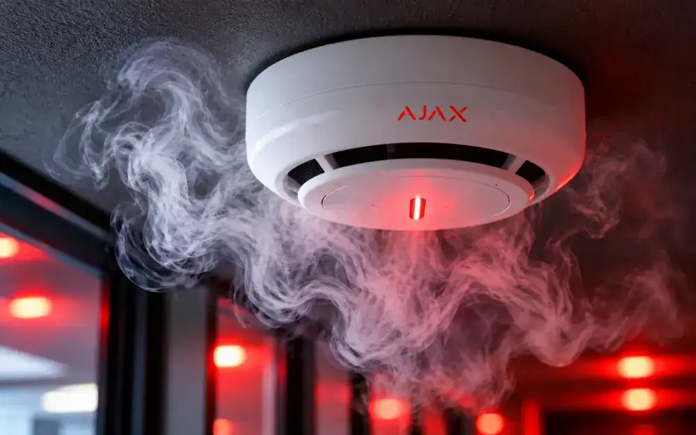 Ceiling-mounted smoke detector with smoke drifting towards it
