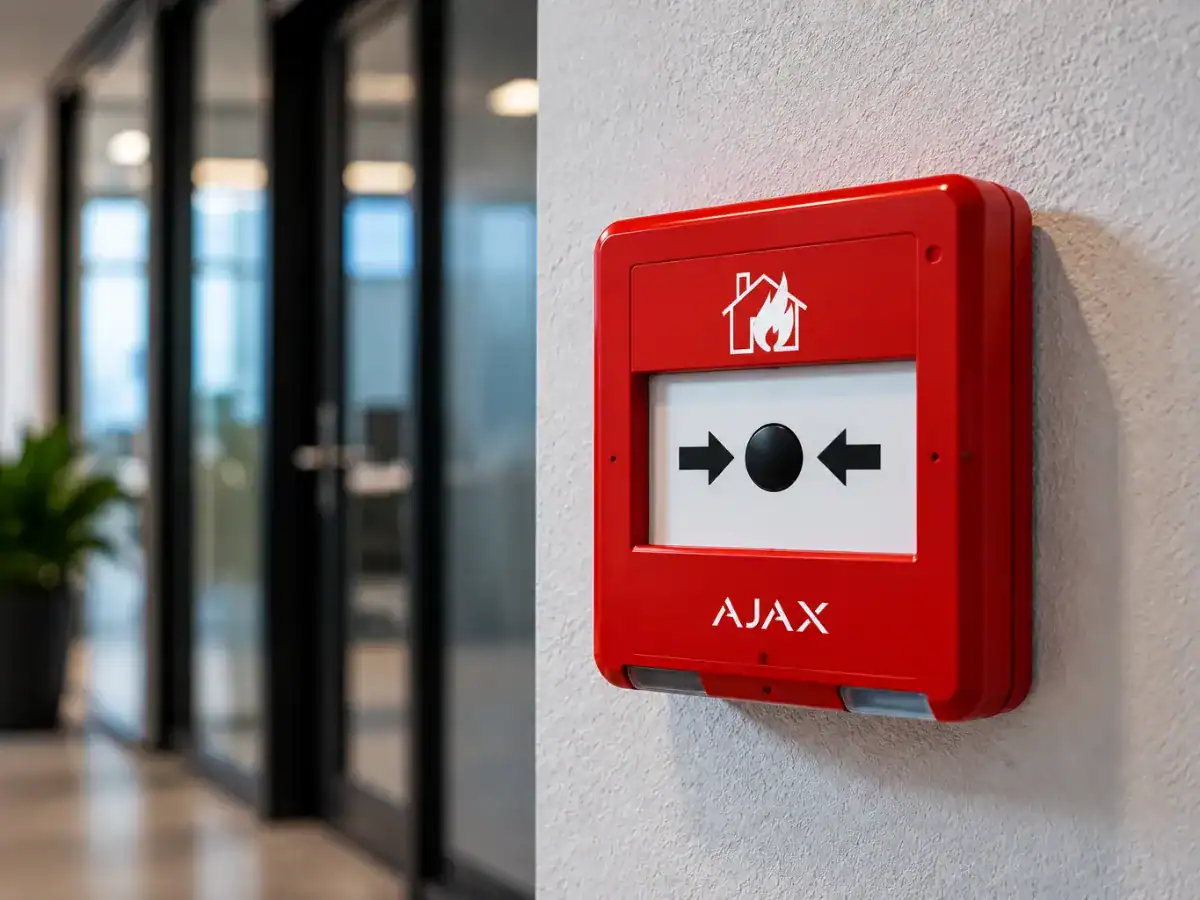 Red manual call point mounted on a wall in an office corridor