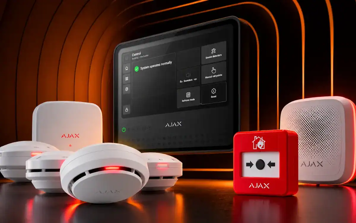 Ajax wireless fire alarm devices including detectors, a manual call point, a sounder and a control panel